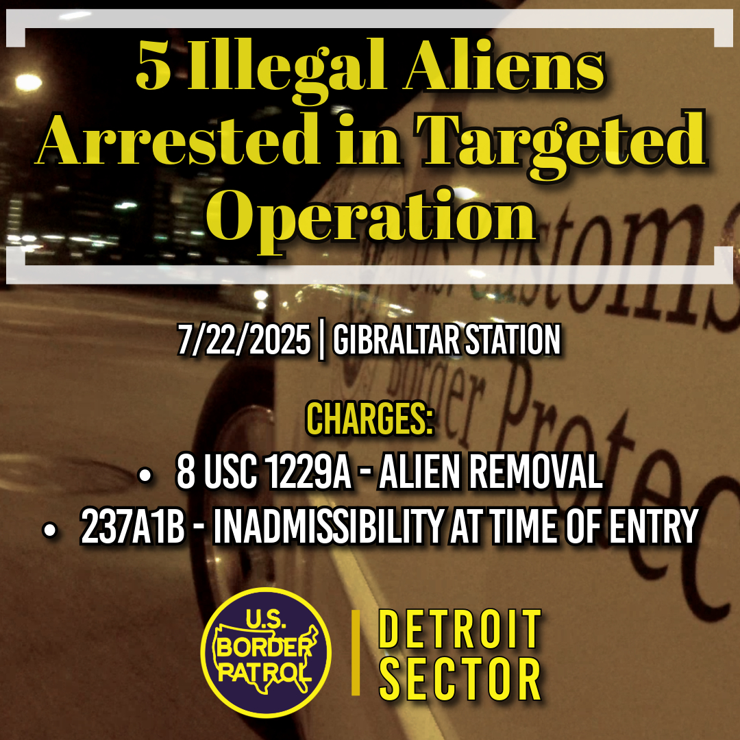 USBPChiefDTM's tweet image. On Tuesday, Gibraltar Station agents arrested 5 illegal aliens from Mexico in a targeted enforcement action. The 5 subjects will be processed for removal from the United States.  

#DetroitSector #BorderPatol #BorderSecurity