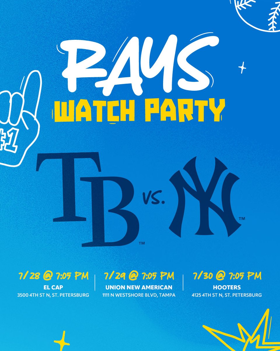 Tampa Bay Rays (@raysbaseball) on Twitter photo Watch out for our next series!
Start next week off right with our <a href="/RaysRadio/">Rays Radio</a> team at one of our Watch Parties.
Full info: raysbaseball.com/watchparty Watch out for our next series!
Start next week off right with our <a href="/RaysRadio/">Rays Radio</a> team at one of our Watch Parties.
Full info: raysbaseball.com/watchparty