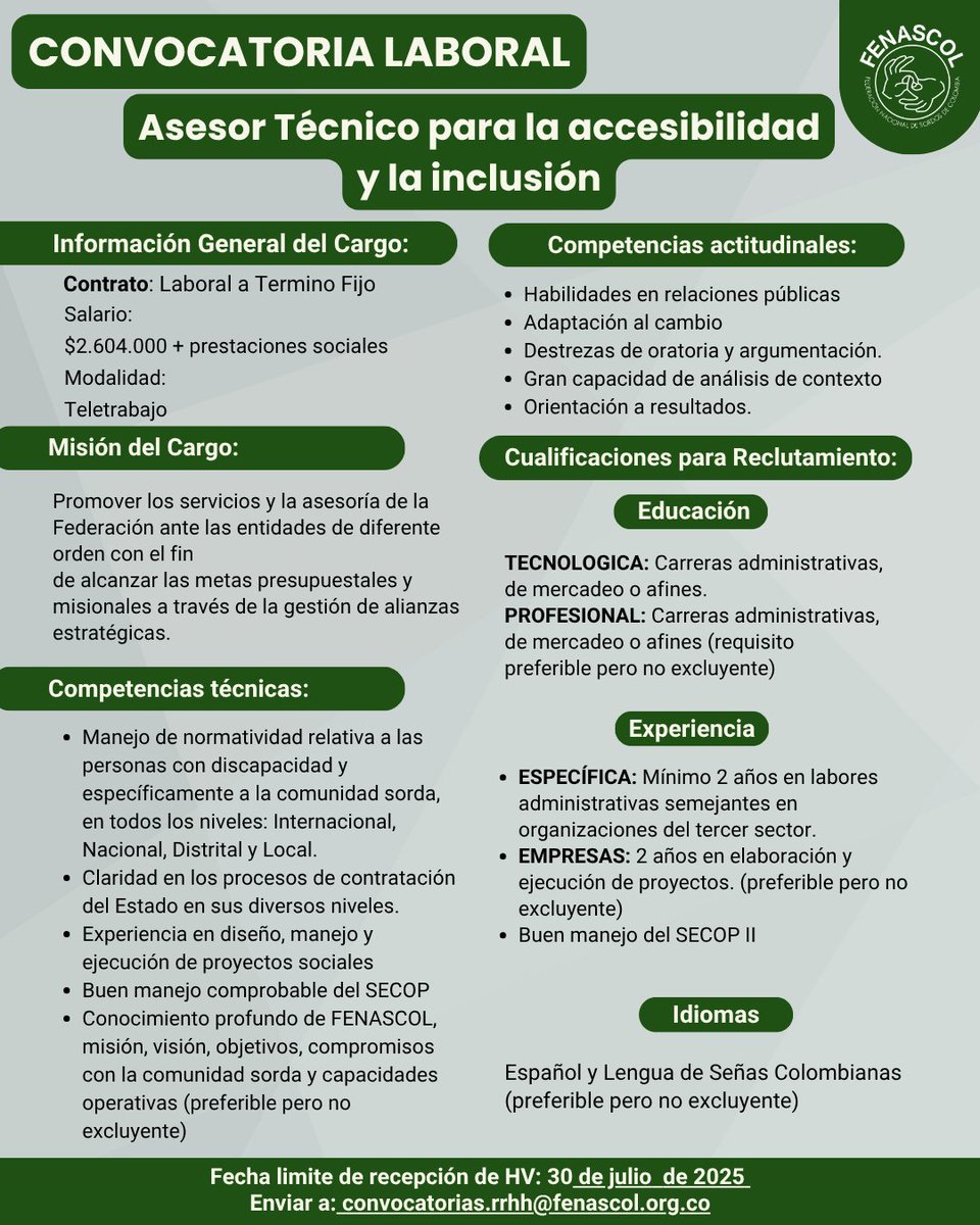 FENASCOL (@fenascol) on Twitter photo 📢 ¡FENASCOL está buscando un/a Asesor Técnico!
¿Tienes vocación social y compromiso? Esta oportunidad es para ti.
🗓️ Postúlate hasta el 30 de julio
📧 Envía tu hoja de vida a: convocatorias.rrhh@fenascol.org.co
¡Haz parte del cambio!
#ConvocatoriaLaboral #FENASCOL 📢 ¡FENASCOL está buscando un/a Asesor Técnico!
¿Tienes vocación social y compromiso? Esta oportunidad es para ti.
🗓️ Postúlate hasta el 30 de julio
📧 Envía tu hoja de vida a: convocatorias.rrhh@fenascol.org.co
¡Haz parte del cambio!
#ConvocatoriaLaboral #FENASCOL