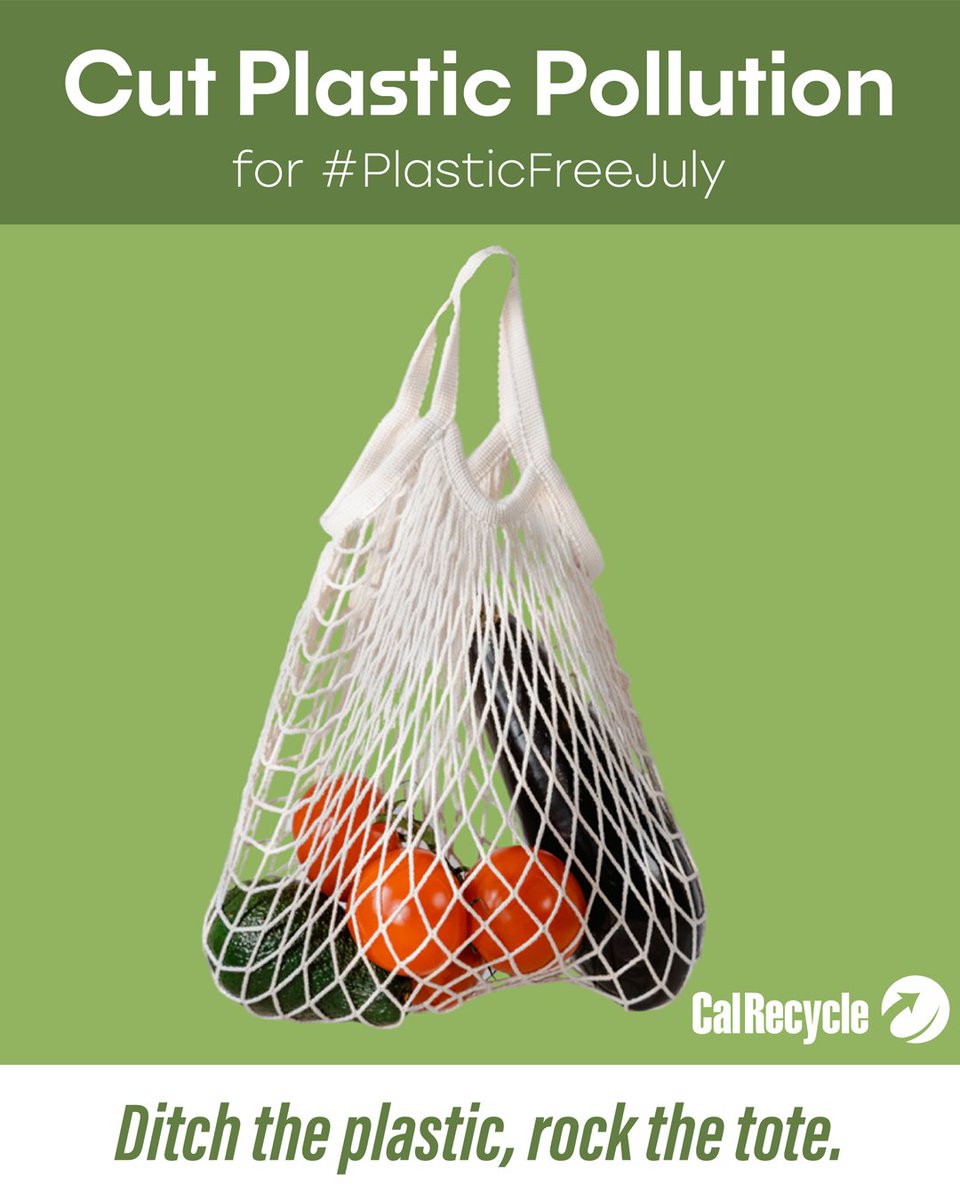 CalRecycle's tweet image. A tote a day keeps the disposable plastics away. Make the switch to reusable bags and help save the planet. #PlasticFreeJuly
