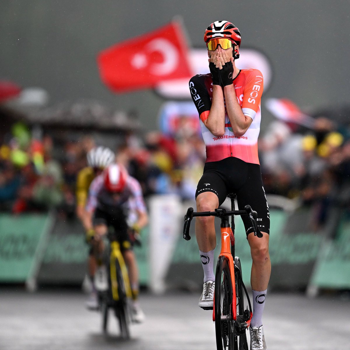 cyclist's tweet image. Thymen Arensman couldn’t believe he’d won that one…
Another big mountain stage without a Pogačar win, is he OK?
📸 Tim de Waele/Getty Images