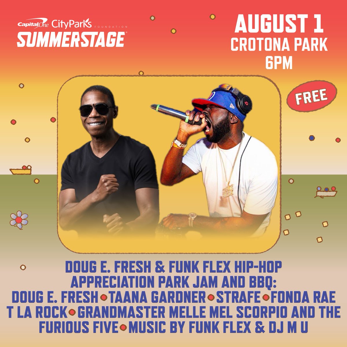 SummerStage's tweet image. Next week at #SummerStage! @RealDougEFresh & @funkflex are in the Bronx for their FREE Hip-Hop Appreciation Park Jam and BBQ in Crotona Park on August 1 featuring Taana Gardner, Strafe, and MORE. We’ll see you at 6PM! cityparksfoundation.org/events/hip-hop…