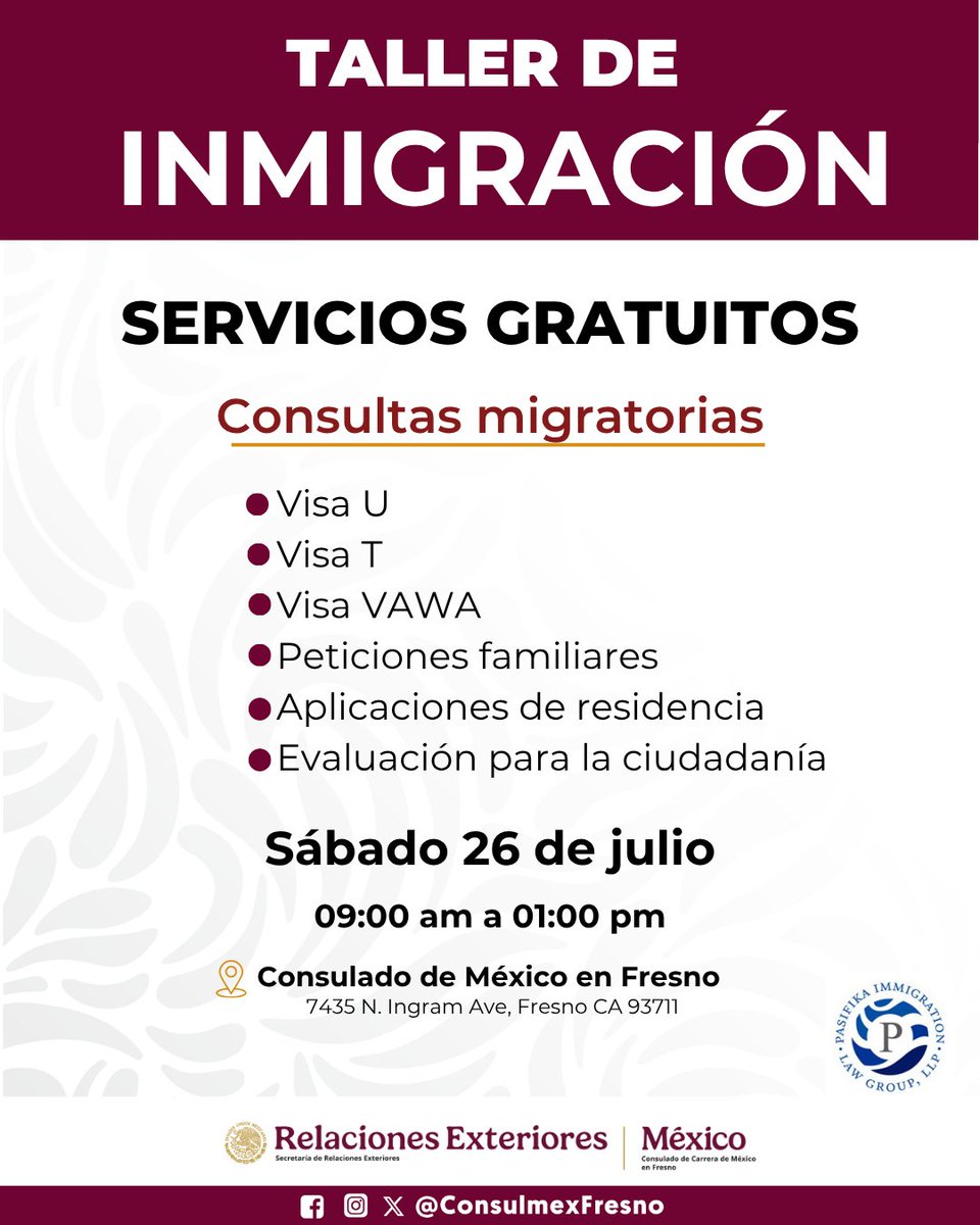 ConsulMexFresno's tweet image. ¿Te gustaría recibir orientación en temas migratorios? 📋#AcércateATuConsulado mañana y recibe asesoría gratuita de parte de nuestros aliados de la firma legal Pasifika Immigration Law Group, LLP.
¡Te esperamos, no necesitas previo registro para asistir!✔️
@SRE_mx @IME_SRE