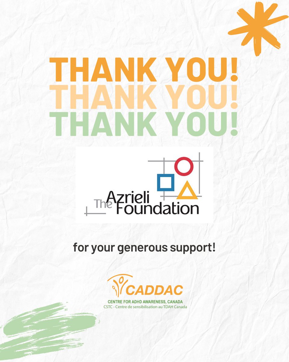 Centre for #ADHD Awareness, Canada (CADDAC) (@centreforadhd) on Twitter photo We would like to extend a 'thank you' to the <a href="/azrielifdn/">Azrieli Foundation</a> for their generous donation to CADDAC. We appreciate the support of our ADHD Community! We would like to extend a 'thank you' to the <a href="/azrielifdn/">Azrieli Foundation</a> for their generous donation to CADDAC. We appreciate the support of our ADHD Community!