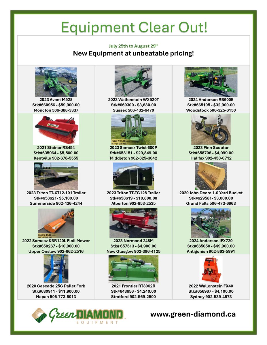 🚜 NEW Equipment Clear Out! 🚜
Take advantage of unbeatable pricing on older — but brand NEW — models!
Perfect time to upgrade your gear without breaking the bank.

🔗 Check out the full list and details here: green-diamond.ca/used-equipment