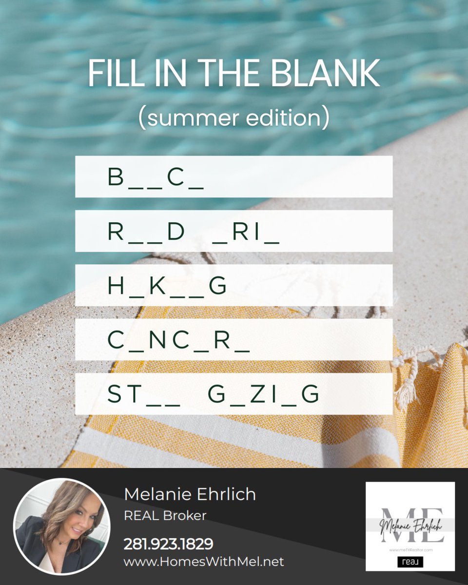 HomesWithMel's tweet photo. ☀️ Summer’s in full swing! Time to check off some fun activities. Can you fill in the blanks on these summer must-dos? How many have you crossed off your list so far?

Let’s see how many you’ve already done! Drop your answers below!

#RealBroker #HomesWithMel #summerfun https://t.co/O1Ltvbn8Av