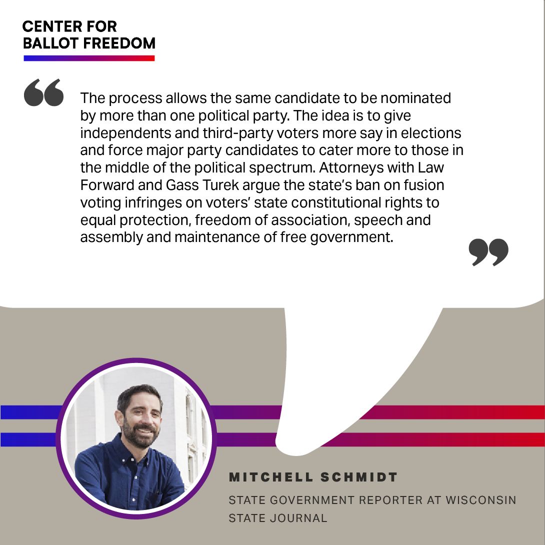 fusionvoting's tweet image. Fusion voting lets a candidate be nominated by multiple parties—giving independents & third-party voters more say and pushing major candidates to appeal to the middle. @schmidtmitchell @WiStateJournal
Law Forward & Gass Turek argue Wisconsin’s ban violates voters’ constitutional…