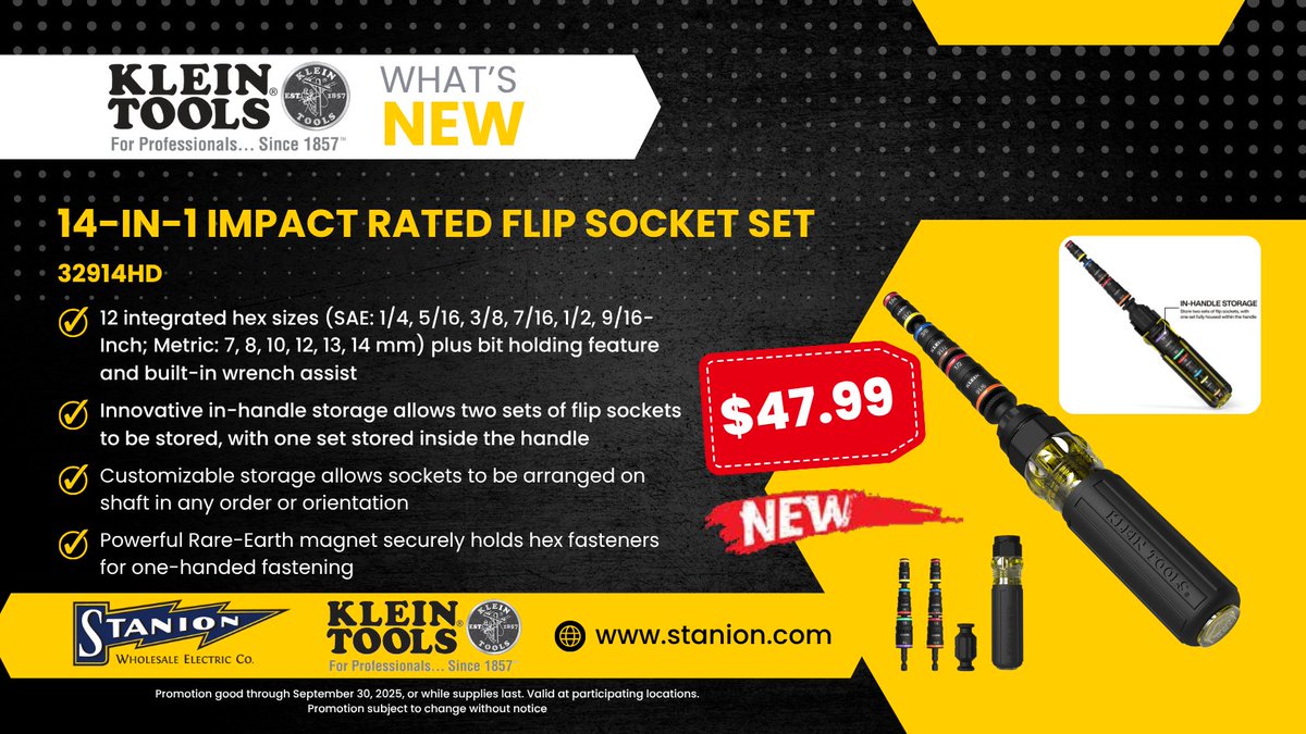 StanionElectric's tweet image. 🛠️Simplify your toolkit with the Klein 14-in-1 Impact Rated Flip Socket Set! Switch between 12 integrated hex sizes. Visit our website or drop by your local Stanion branch to get your hands on this, before the promotion ends September 30th!
#KleinTools #QualityTools #ToolsForPros