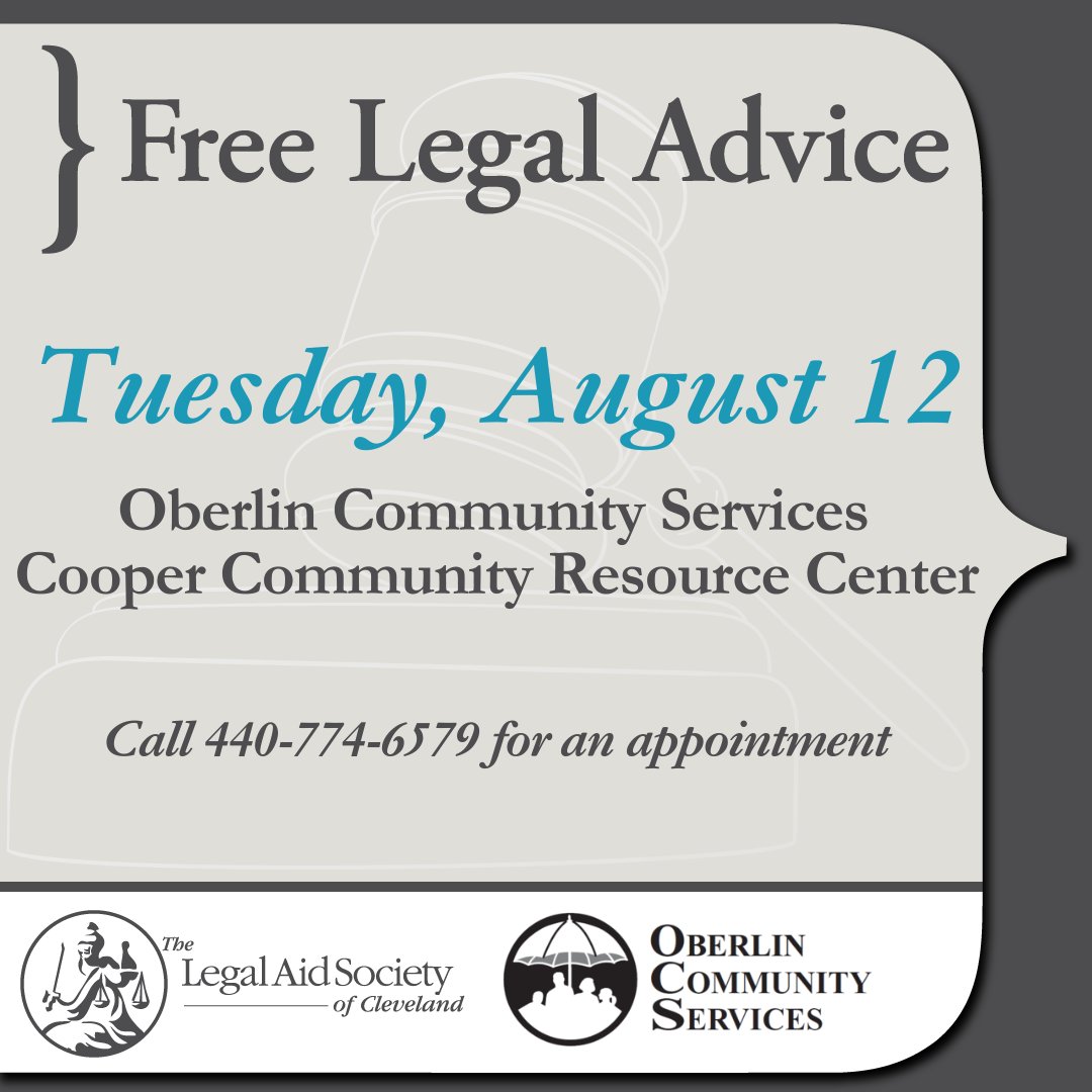 LegalAidCLE's tweet image. #Lorain County residents - do you need help with a civil legal issue? Tues., Aug. 12 our team will partner with Oberlin Community Services to offer free legal advice. Call 440-774-6579 for an appointment. loom.ly/IjiVjN4
