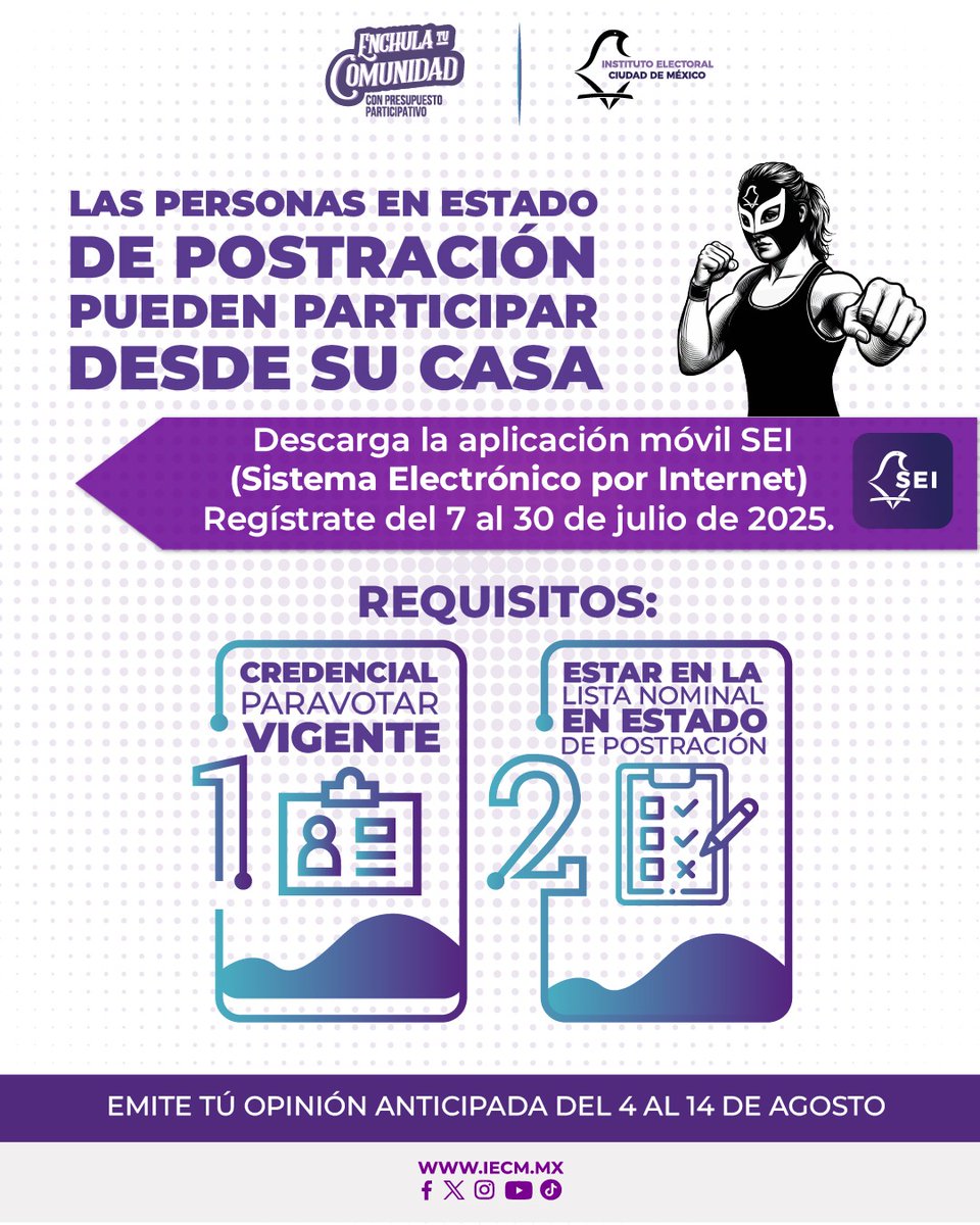 Si te encuentras en estado de postración, tu persona cuidadora primaria y tú pueden opinar por internet en la Consulta de Presupuesto Participativo 2025. ​

Hazte escuchar con el SEI y elige tu proyecto.​ ✅