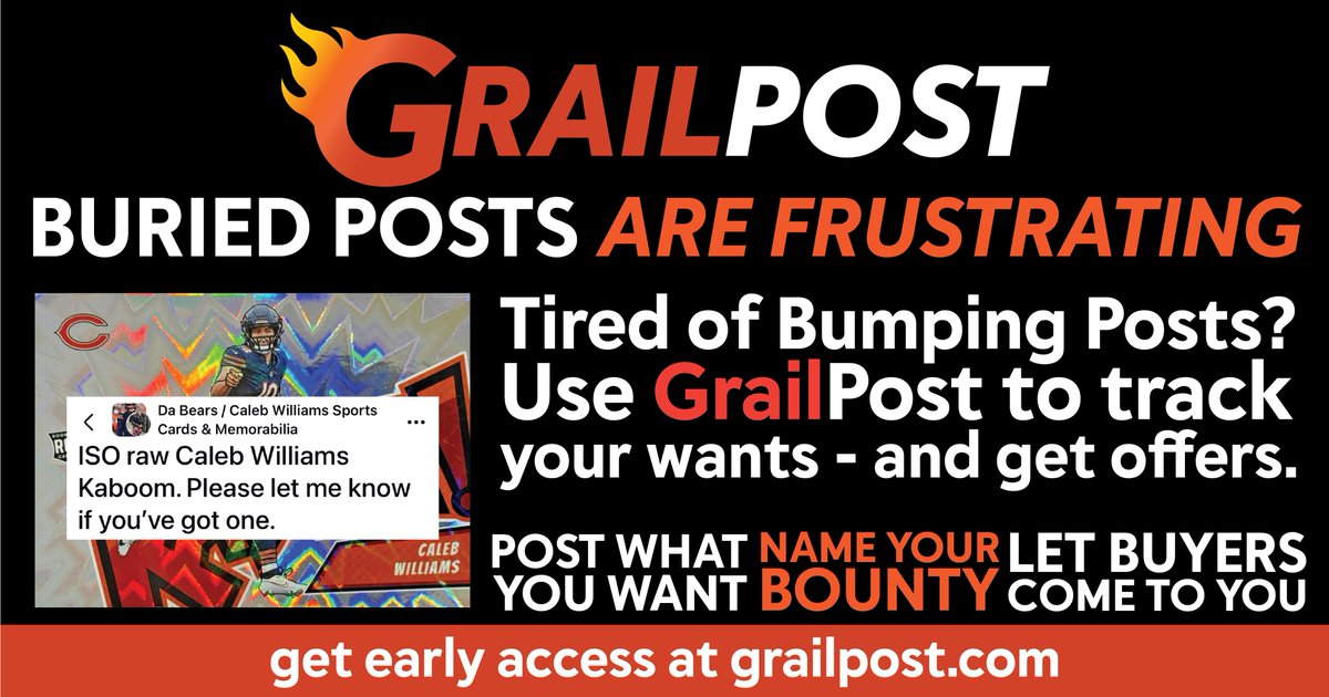 Tired of bumping posts just to be seen?

🔍 A buyer is ISO a Caleb Williams Kaboom — but their post’s already buried.

💡 There’s a better way:
🧭 Post your want
💰 Name your bounty
📩 Get real offers
That’s @getgrailpost — built for buyers.
👇 Join the waitlist