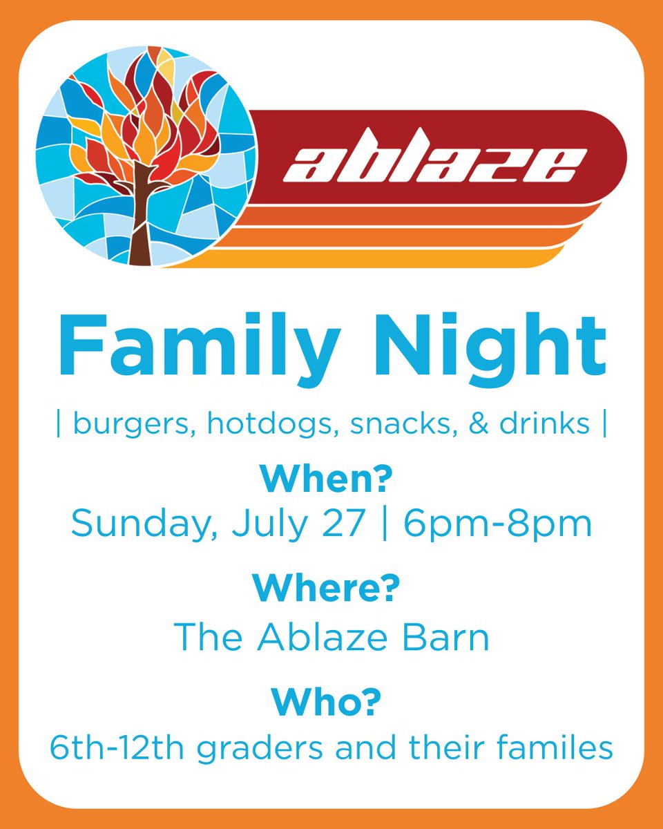Sunday Evening Ministries are starting back up again, beginning with Ablaze Family Night on Sunday, July 27th from 6pm to 8pm! Regularly scheduled ministries begin on August 3rd—Don’t forget to sign up at parkside.org!