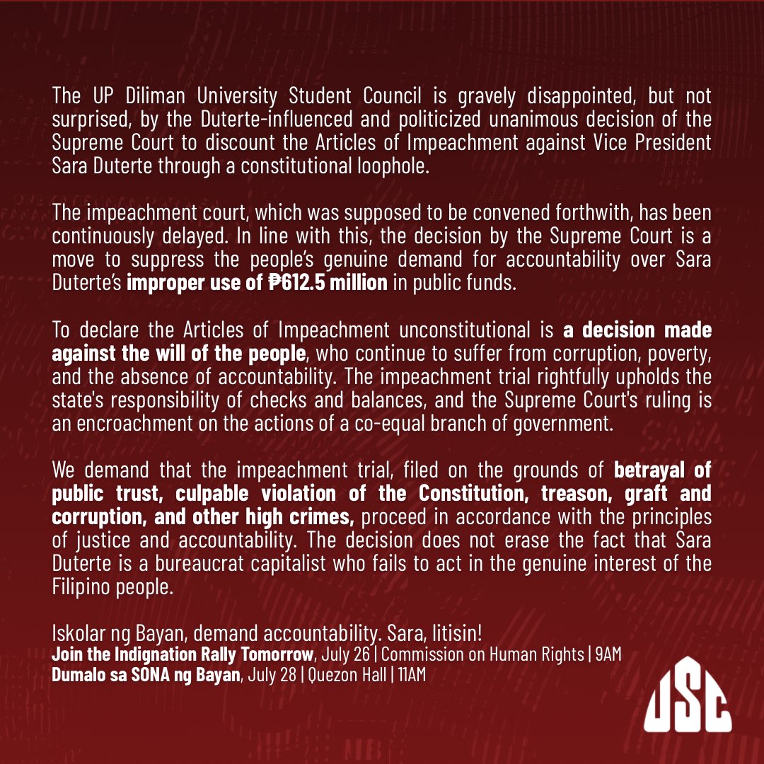 Supreme Court, Stand with the People.
Tuloy ang Laban. Sara Litisin!

Join the Indination Rally Tomorrow, 
July 25 | Commission on Human Rights | 9AM

Dumalo sa SONA ng Bayan, July 28 | Quezon Hall | 11AM