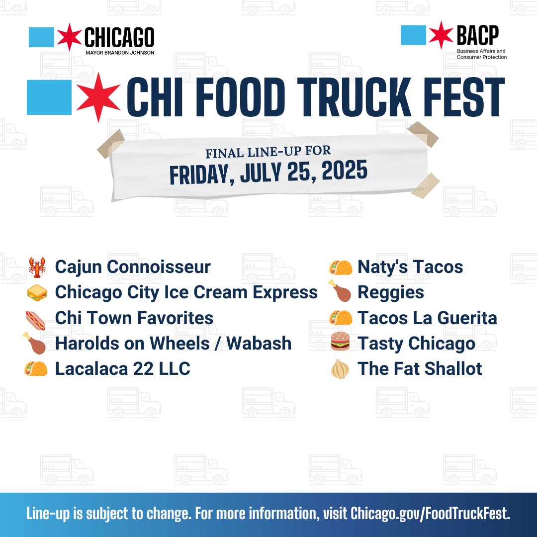 ChicagoBACP's tweet image. The final line-up for today&apos;s #ChiFoodTruckFest! We&apos;ll see you out on Daley plaza from 11am to 3pm!