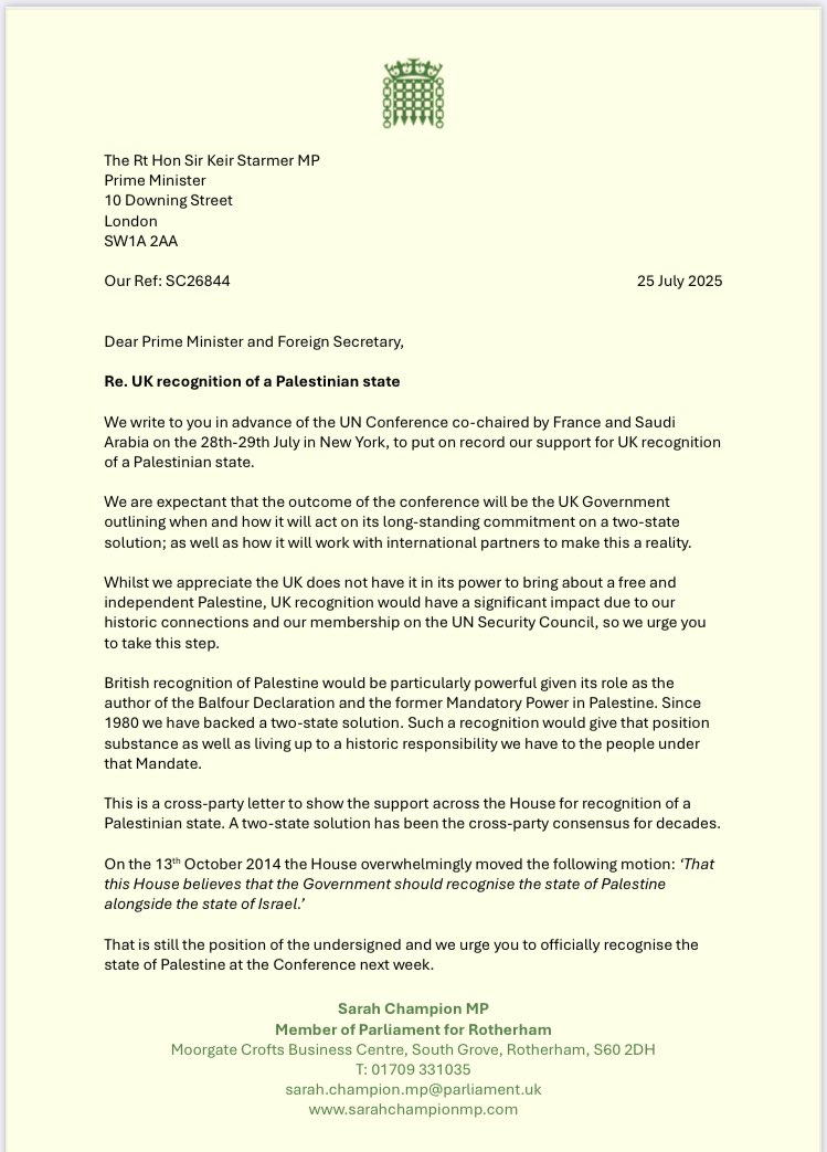 nickeardleybbc's tweet image. Just published from 221 MPs calling for UK to follow France and recognise Palestinian state