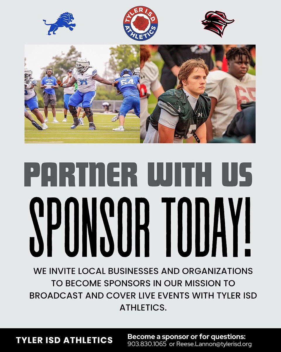 TylerISD_Ath's tweet image. 🎥 Calling All Local Businesses! 🎙️
We are still looking for partnerships with Tyler ISD Athletics Broadcasts and Media to help us bring live sports coverage to our community! Support our student-athletes, grow your brand, and be part of the game.
📞 Contact us to sponsor!
