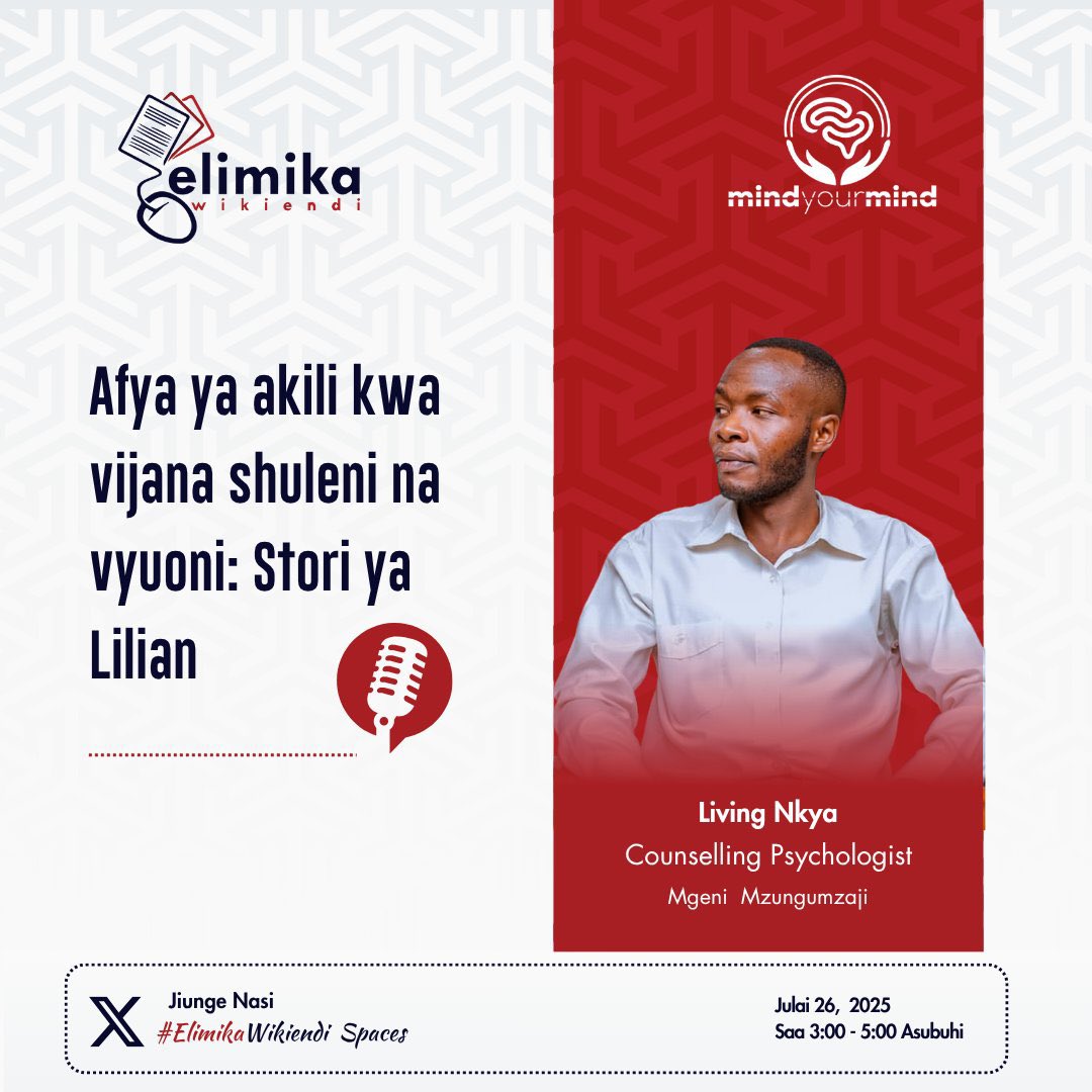 winharder_'s tweet image. Karibuni kwenye #ElimikaWikiendi XSpaces jumamosi hii
Mada: Afya ya akili kwa vijana shuleni na vyuoni.