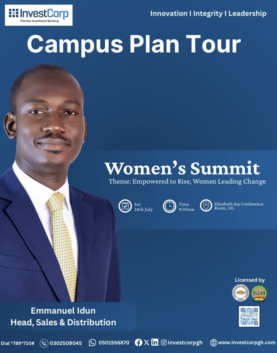 Join us this Saturday, 26th July, at the University of Ghana for the Women’s Summit.

📍 Elizabeth Sey Conference Room, UG
🕘 09:00 AM
🎯 Theme: Empowered to Rise, Women Leading Change

#InvestCorp #WomensSummit #UG #UniversityOfGhana #Empowerment #Leadership #InvestSmart
