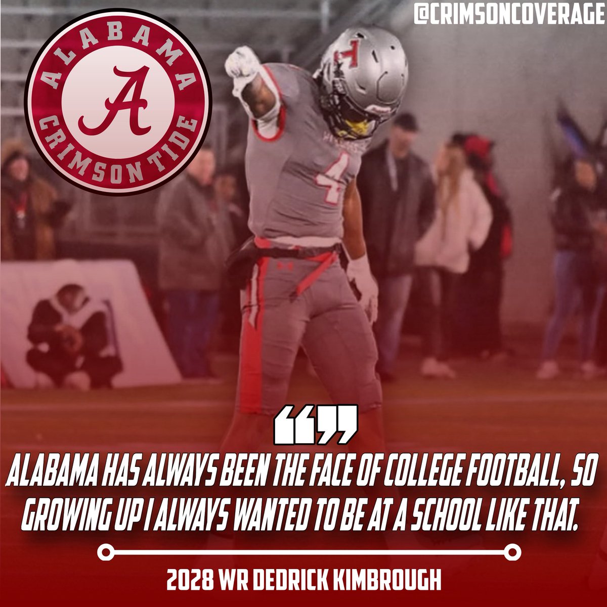 Crimson Coverage (@crimsoncoverage) on Twitter photo 2028 WR Dedrick Kimbrough (<a href="/the1_DK/">Dedrick Kimbrough</a>) received an offer from Alabama in June.
The Alabama native spoke with me following the offer and expressed his level of respect for the Crimson Tide. 2028 WR Dedrick Kimbrough (<a href="/the1_DK/">Dedrick Kimbrough</a>) received an offer from Alabama in June.
The Alabama native spoke with me following the offer and expressed his level of respect for the Crimson Tide.