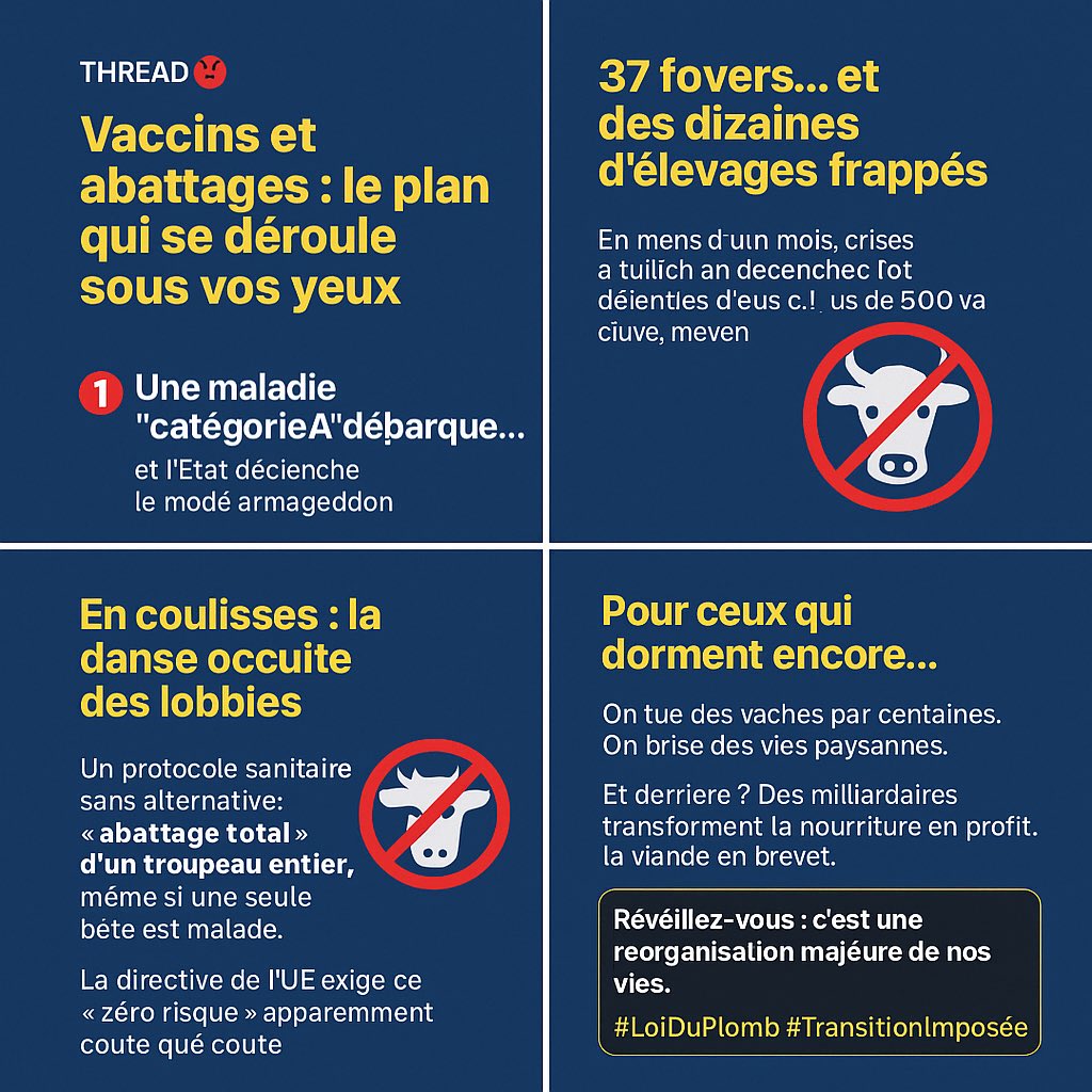 🧵 THREAD – Vaccins et abattages : le plan qui se déroule sous vos yeux 😡

On tue des vaches par centaines. On brise des vies paysannes.
Et derrière ? Des milliardaires transforment la nourriture en profit, la viande en brevet.
Réveillez-vous : c’est une réorganisation majeure..