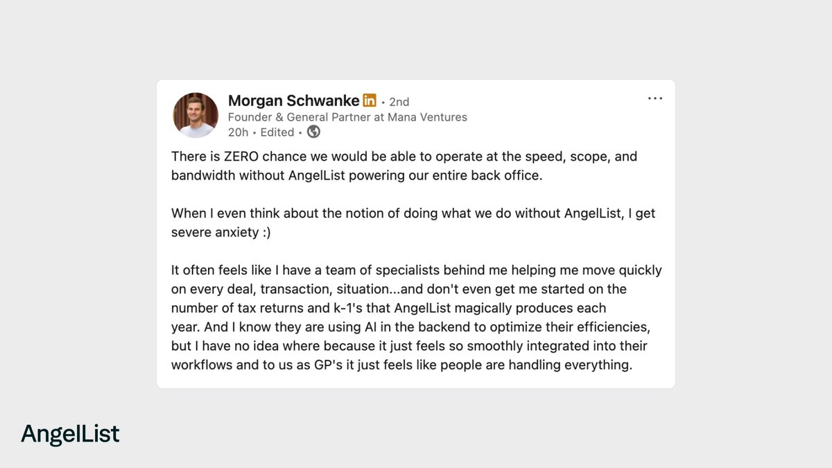 AngelList's tweet image. "It often feels like I have a team of specialists behind me helping me move quickly on every deal, transaction, situation."
Thank you for trusting us with your back office fund ops @MorganSchwanke! 🤝