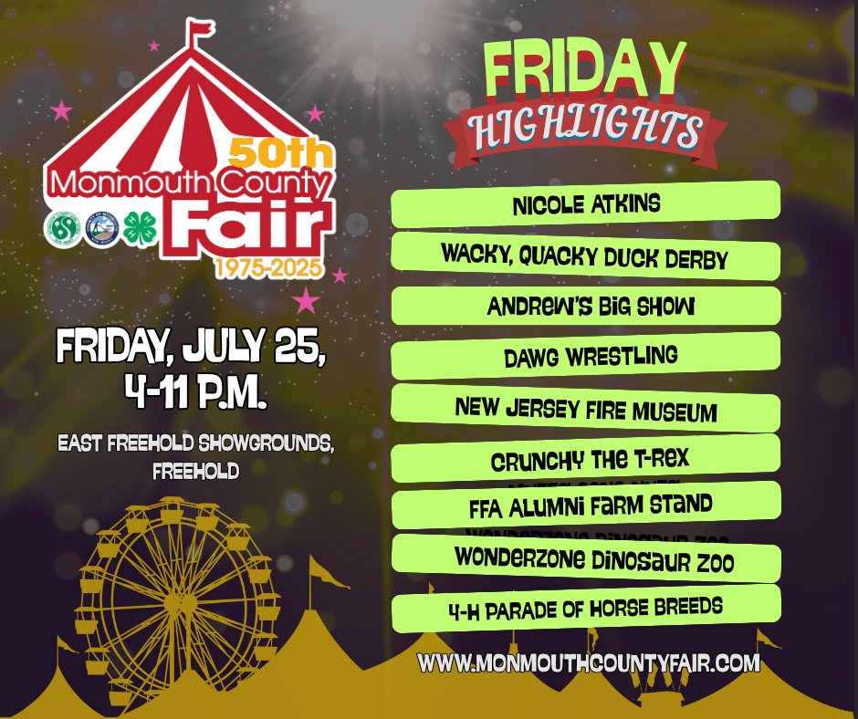 Ready for some Friday night fun at the Fair? 🎪 🎠 🎡
Tonight brings Nicole Atkins to the Main Stage along with lots of excitement, from duck derbies to wrestling, a Jersey Fresh farmstand to a dinosaur zoo, and much more! 
➡️ Get all the details at MonmouthCountyFair.com.