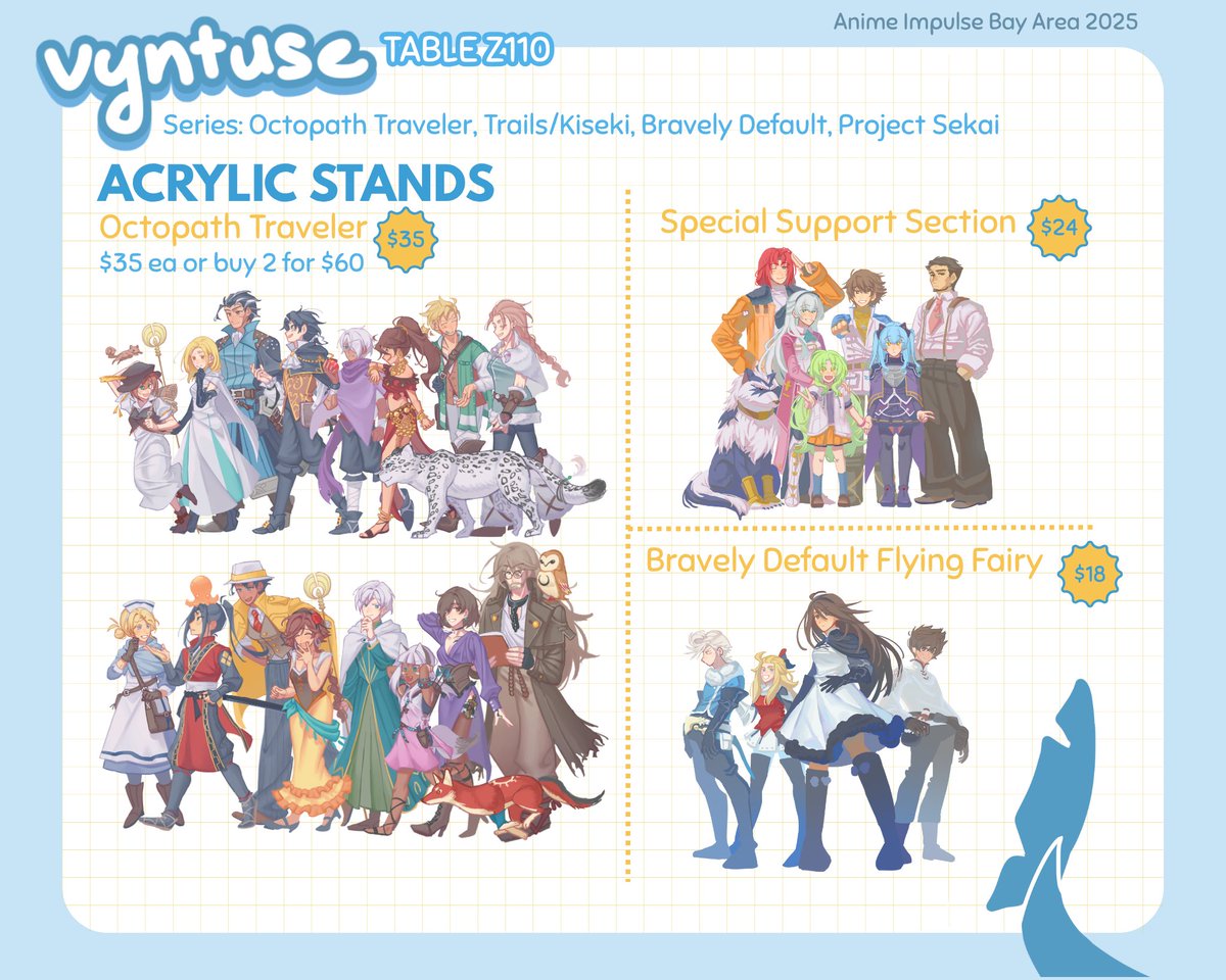 vyntuse's tweet image. Hi everyone!! I&apos;ll be tabling at #ANIMEImpulseBA2025 this weekend! I&apos;ll mainly have merch for Trails, BDFF, Octopath, and Proseka 🫡

You can find me at table Z110 in artist alley 👍