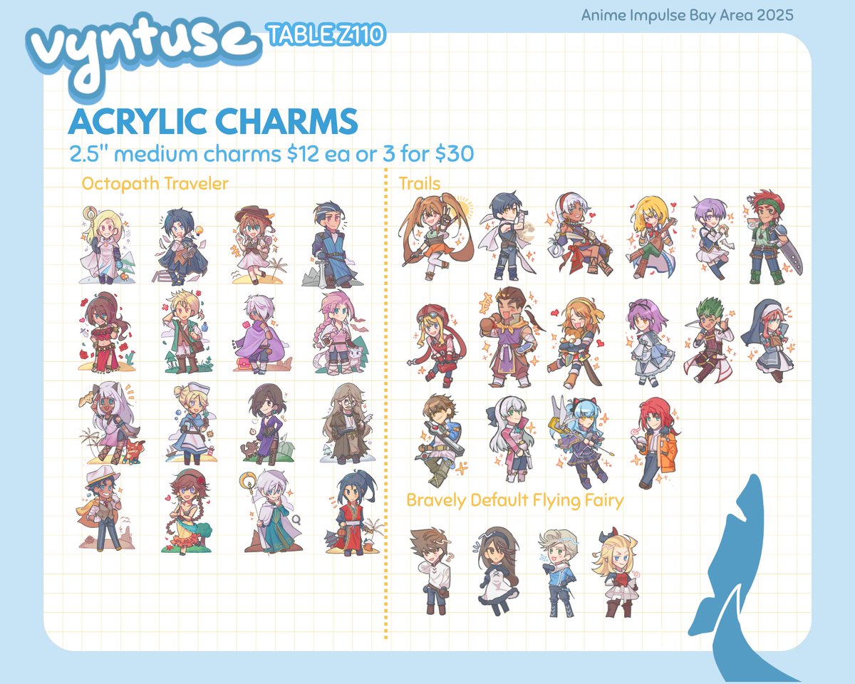 vyntuse's tweet image. Hi everyone!! I&apos;ll be tabling at #ANIMEImpulseBA2025 this weekend! I&apos;ll mainly have merch for Trails, BDFF, Octopath, and Proseka 🫡

You can find me at table Z110 in artist alley 👍