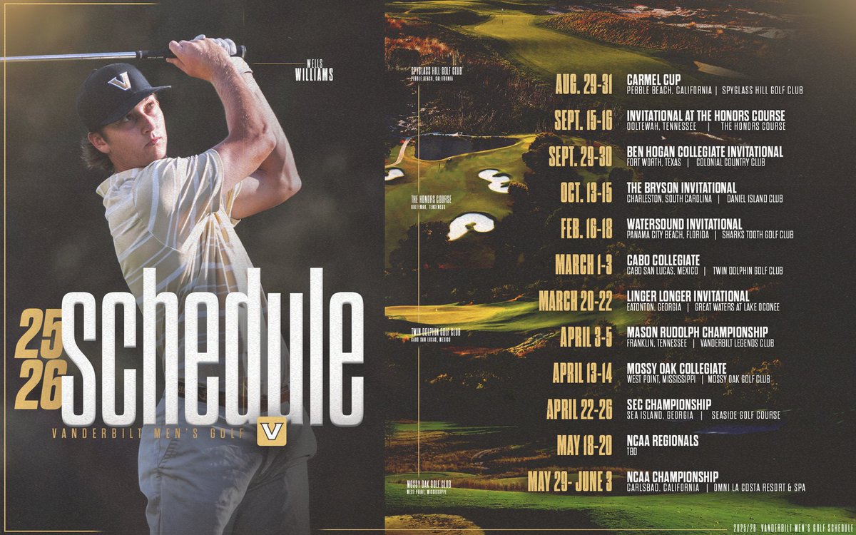 VandyMGolf's tweet image. 𝐓𝐡𝐞 𝟐𝟎𝟐𝟓-𝟐𝟔 𝐒𝐜𝐡𝐞𝐝𝐮𝐥𝐞 𝐢𝐬 𝐒𝐞𝐭

Fall Opener: Aug. 29-31 at Carmel Cup

Spring Opener: Feb. 16-18 at Watersound

Mason Rudolph Championship: April 3-5

NCAA Regional: May 18-20

NCAA Championships: May 29-June 3

⚓️⬇️

#AnchorDown