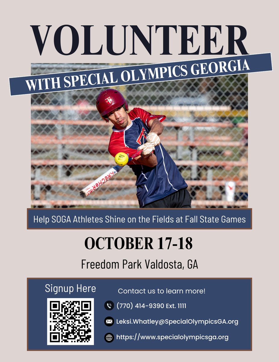 Special Olympics GA (@sogachampions) on Twitter photo 🚨 We need YOU this Fall! 🚨
Join us in Valdosta, GA – Oct 17–18 for the #StateFallGames! Volunteer & support athletes in bocce, softball, golf, cycling & more.
👉 Sign up: charity.pledgeit.org/c/Wf4mmsYYb8
📧 leksi.whatley@specialolympicsga.org
#SpecialOlympicsGeorgia #ChooseToInclude 🚨 We need YOU this Fall! 🚨
Join us in Valdosta, GA – Oct 17–18 for the #StateFallGames! Volunteer & support athletes in bocce, softball, golf, cycling & more.
👉 Sign up: charity.pledgeit.org/c/Wf4mmsYYb8
📧 leksi.whatley@specialolympicsga.org
#SpecialOlympicsGeorgia #ChooseToInclude