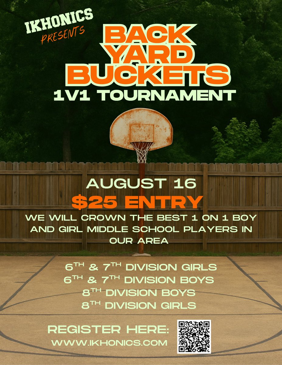 iKHONICS's tweet image. 🔥 IKHONICS PRESENTS: BACKYARD BUCKETS 1V1 TOURNAMENT🔥
Think you&apos;re the best hooper in town? Prove it! 
Join us for the ultimate 1v1 middle school showdown—Backyard Buckets style.
📅 Date August 16
💰 Entry $25
📍 Location: iKHONICS Facility
🏆 We’re crowning the top players!