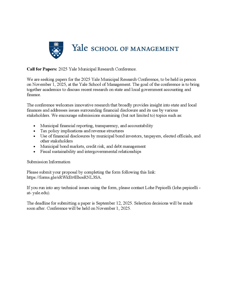 Annut's tweet image. 🎉 Announcing the 2nd Yale Municipal Research Conference!
📅 November 1, 2025
📝 Submission deadline: September 12, 2025
🔗 Submit: forms.gle/sRWkEt4EbosRNL…

Seeking research on:
·      Municipal reporting, debt, tax policy
(More details in the screenshot)

Please share widely! 🔄