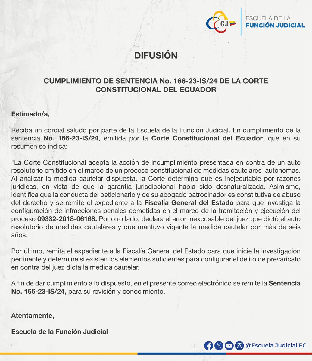 Escuela Judicial EC (@escuelacjec) on Twitter photo 📢 Cumplimos con la Sentencia 166-23-IS/24 de la <a href="/CorteConstEcu/">Corte Constitucional</a>, que declara inejecutable una medida cautelar, señala abuso del derecho, error inexcusable judicial y remite el caso a la <a href="/FiscaliaEcuador/">Fiscalía Ecuador</a>.
🔗 drive.google.com/file/d/1--iuW6…
#FunciónJudicial #JusticiaConstitucional 📢 Cumplimos con la Sentencia 166-23-IS/24 de la <a href="/CorteConstEcu/">Corte Constitucional</a>, que declara inejecutable una medida cautelar, señala abuso del derecho, error inexcusable judicial y remite el caso a la <a href="/FiscaliaEcuador/">Fiscalía Ecuador</a>.
🔗 drive.google.com/file/d/1--iuW6…
#FunciónJudicial #JusticiaConstitucional