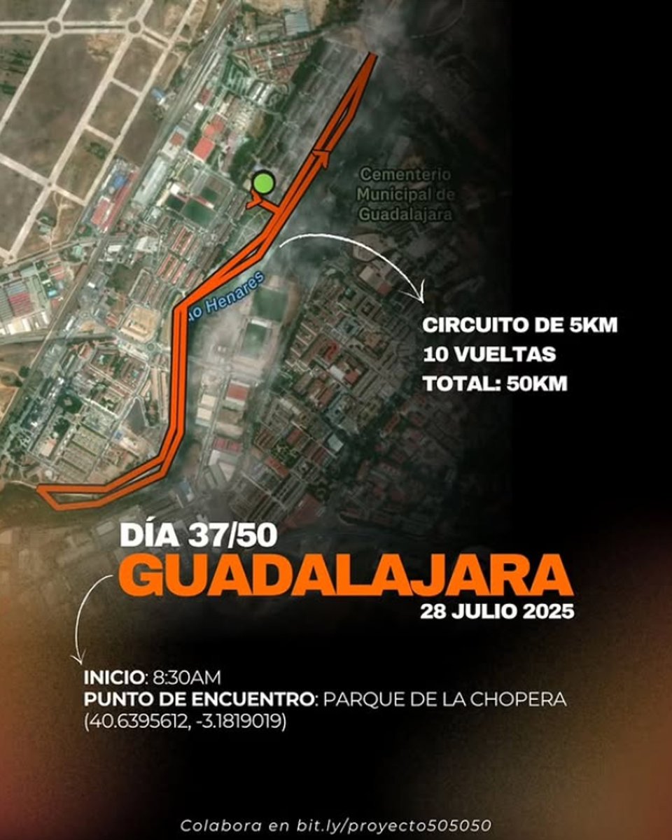 🏃🏻‍♂️ Únete al reto solidario <a href="/pitufollow/">Sergio</a> del Proyecto 50-50-50 
📍 50 días
📍 50 kilómetros
📍 50 provincias españolas

Este 28 de julio únete a cualquiera de las 10 vueltas de 5 km.
#Proyecto505050 #Juegaterapia #CáncerInfantil #GuadalajaraCorre #HotelGuadalajara
