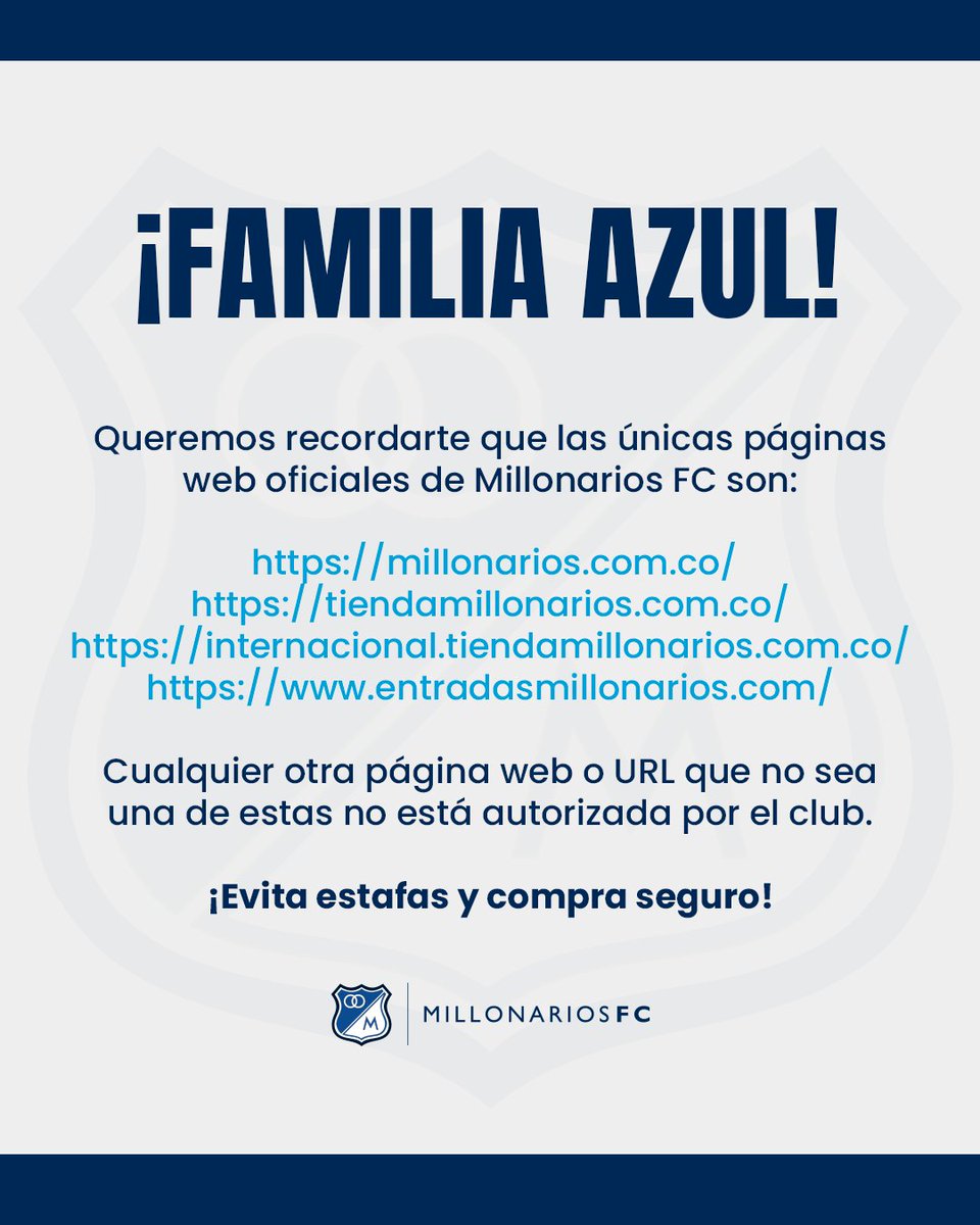 MillosFCoficial's tweet image. 📣 ¡No te dejes engañar!
Solo hay cuatro webs oficiales de Millonarios FC.
Compra con confianza, compra en casa. 💙