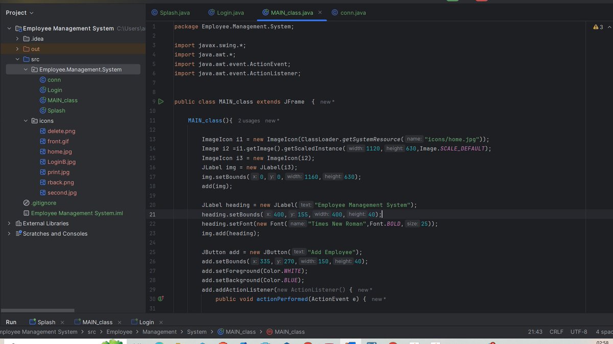 Amiitraiii's tweet image. Today, I took break from regular java lessons and working on building a real world project an EMPLOYEE MANAGEMENT SYSTEM . I successfully developed
1. a clean and secure login page
2. a functional Home Screen for navigation
#javaproject #Webdevelopment #KunalKhuswaha #Devjourny