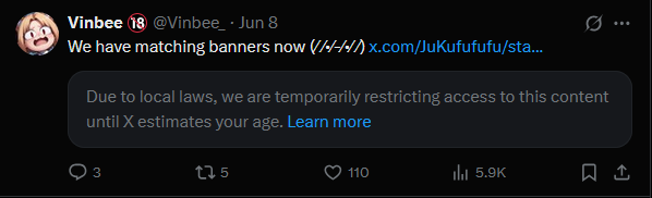 Vinbee_Alt's tweet image. Can't even see my own content on main 😑 I'm well over 18 twitter...
Also why is a UK law effecting the entirety of the EU and even some places like France and Antarctica? I bet twitter fucked up again...