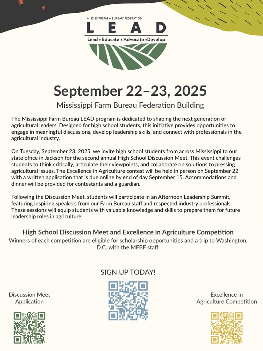 MFBF is committed to investing in our youth, recognizing them as the future leaders of our industry. We encourage all high school students with a passion for agriculture to join us for this impactful event. For more information, please contact Tori Elliott at telliott@msfb.org.