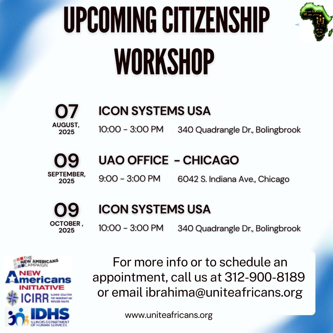 APPLYING FOR U.S. CITIZENSHIP? 
Receive free help and consultation at our next Naturalization workshop, happening in Chicago and Bolingbrook.
 For more info or to schedule an appointment, call us at 312-900-8189 or email ibrahima@uniteafricans.org
#Naturalization #Citizenship