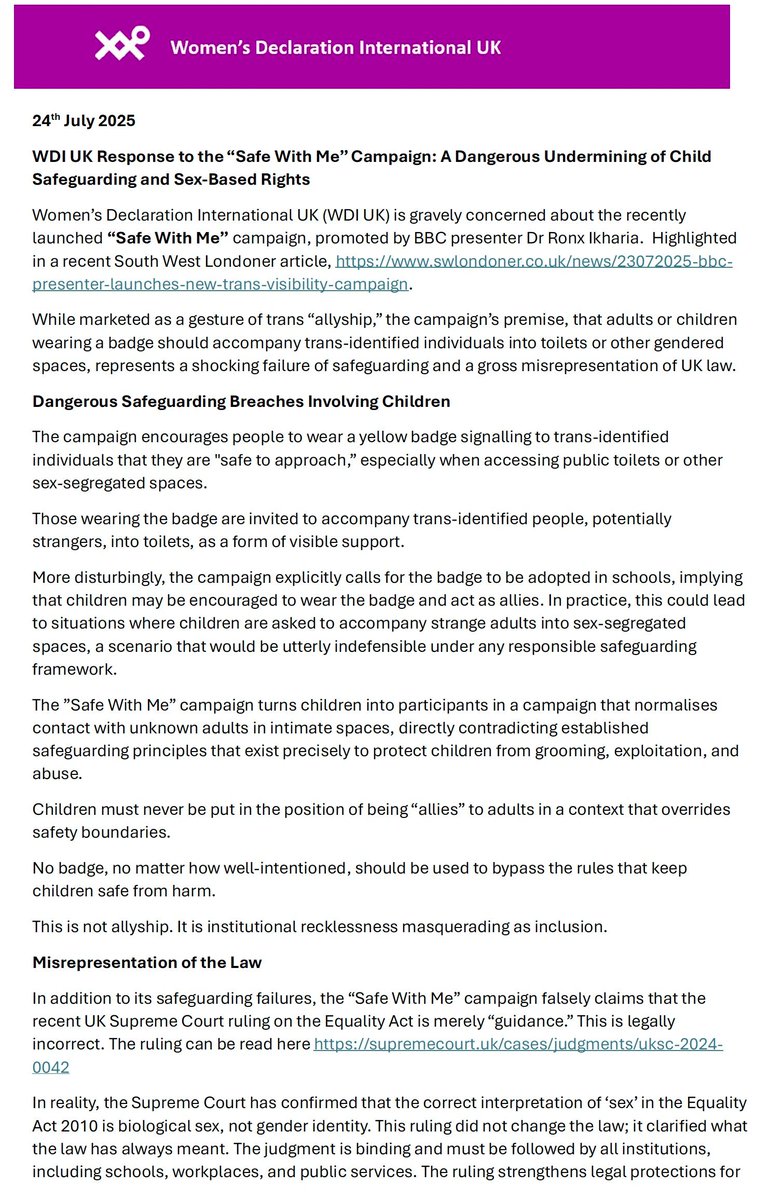 LabourLGB's tweet image. Just to save you the need of downloading the pdf, we reproduce for you the WDI UK response to the 'Safe With Me' Campaign. Well may the person be safe with you, but are you safe from them?