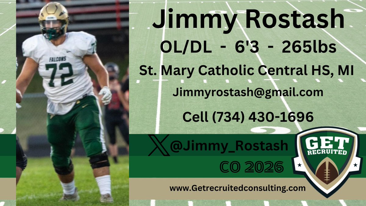 Get__Recruited's tweet image. Jimmy Rostash - CO2026 - OL/DL - 6'3, 265lbs - Big, strong, athletic, & physical - St. Mary Catholic Central HS, MI. Player profile: app.productiverecruit.com/profile/james-…… @Jimmy_Rostash @1of1lifeskills @Coach_Brady @MTUFB @DU_Football @svsu_football @Northwoodfball @WSUWarriorFB