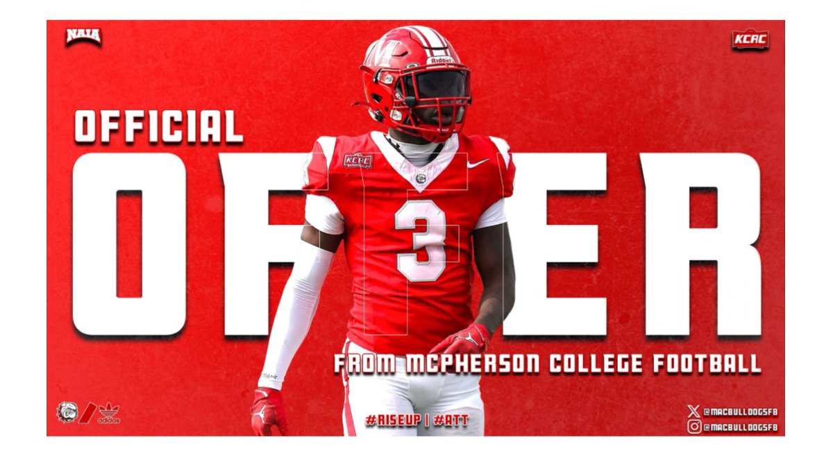 Moses Alexander (@mosesalexander_) on Twitter photo Blessed and honored to receive my first scholarship offer from Mcpherson College.🙏🏽#keepgrinding #agtg #GodFirst
<a href="/CoachJFisc/">Coach Fiscus</a> <a href="/MACBulldogsFB/">McPherson Football</a>
<a href="/SMRamsFB/">St. Mary's Football</a> Blessed and honored to receive my first scholarship offer from Mcpherson College.🙏🏽#keepgrinding #agtg #GodFirst
<a href="/CoachJFisc/">Coach Fiscus</a> <a href="/MACBulldogsFB/">McPherson Football</a>
<a href="/SMRamsFB/">St. Mary's Football</a>