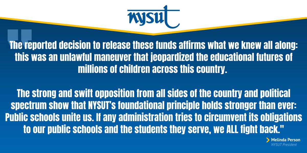 NYSUT (@nysut) on Twitter photo NYSUT President <a href="/MelindaJPerson/">Melinda Person 🍎✌🌈</a> has released a statement in response to reports that the Trump administration plans to release the almost $6 billion in funding to public schools that it has withheld for nearly a month.
Read it in full here: nysut.org/news/2025/july… NYSUT President <a href="/MelindaJPerson/">Melinda Person 🍎✌🌈</a> has released a statement in response to reports that the Trump administration plans to release the almost $6 billion in funding to public schools that it has withheld for nearly a month.
Read it in full here: nysut.org/news/2025/july…