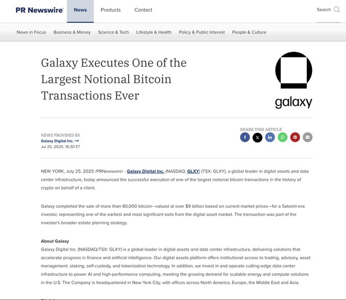 Galaxy Digital Bitcoin Sale Press Release