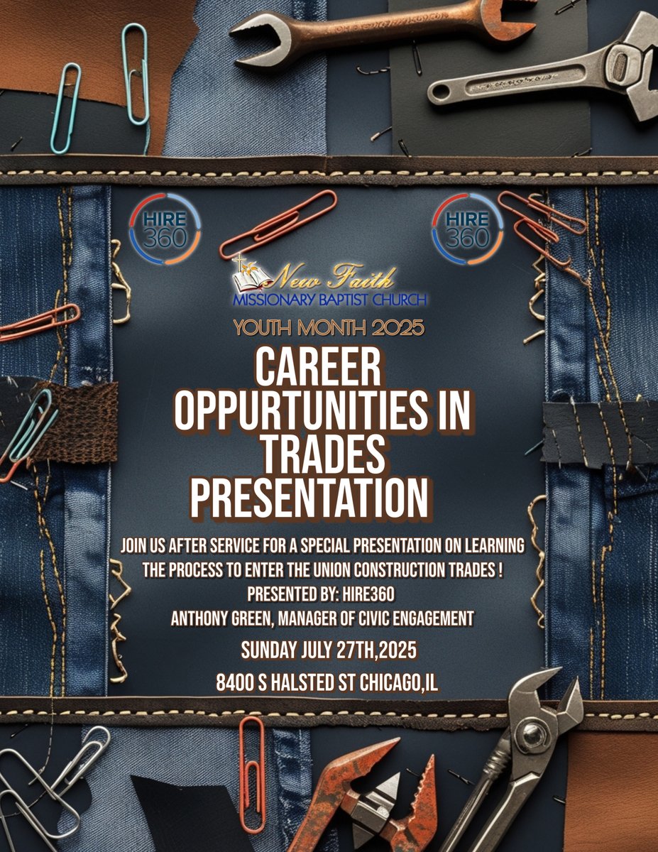 This Sunday, HIRE360 is joining <a href="/NewFaithChicago/">New Faith</a> for a special Career Opportunities in Trades presentation as part of Youth Month 2025.
After service, we will speak with the youth group about HIRE360 and share how young people can launch careers in the union construction trades!