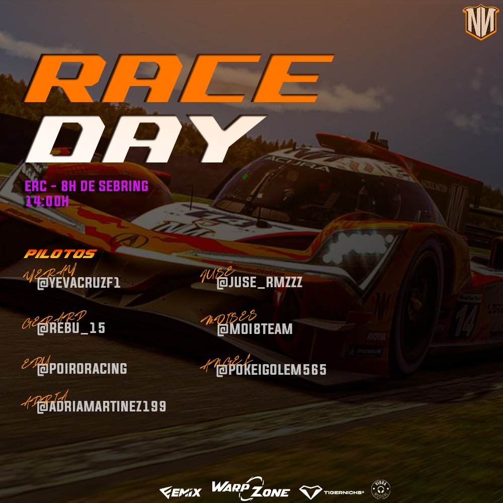 #AssettoCorsa | ¡𝐑𝐀𝐂𝐄𝐃𝐀𝐘!

🏆 | #ERC
🏁 | 8h de Sebring
⏰ | 14:00h
📺 | twitch/sobreruedas_tv

𝑸𝑼𝑨𝑳𝒀
GT3 ➡️ P16
HYPERCAR ➡️ P9 &amp; P10
 
 #GoNN 🧡 · #NNsimracing
