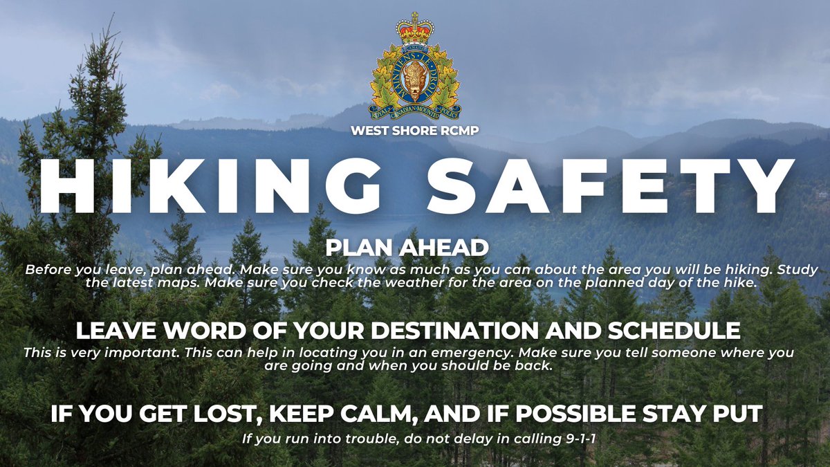 Enjoying the beautiful West Shore trails this weekend?

Before you head out, take a moment to plan ahead: 
🗺️ Know your route
📱 Tell someone your plans
💧 Stay hydrated 
🧭 If you get lost - keep calm!

Find more tips here: bit.ly/4735ByH