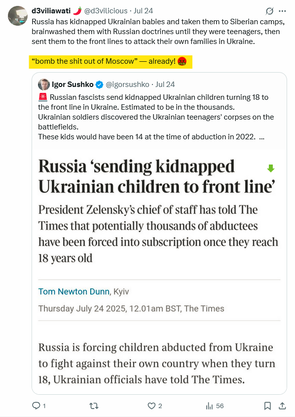 Says the Ukrainian shill with a pinned "Slava Ukraini" post in the profile and retweeting the most outrageous BS stories from the likes of Igor Sushko🤡 and who lives in.... Indonesia🤣🤣👌

“bomb the shit out of Moscow” — already! 🤬 ---&gt; who's inciting violence here?🧐🤔🤪