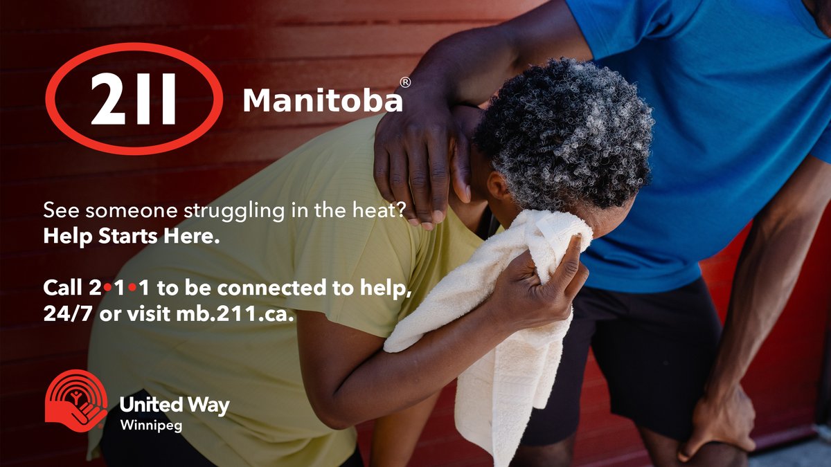SharedHealthMB's tweet image. When the temperature rises, so does the risk for heat-related illnesses. If you see someone struggling in the heat, call 2-1-1 to get them connected to support. Need a place to cool down yourself? A 211 Service Navigator can help you find one. @UnitedWayWpg