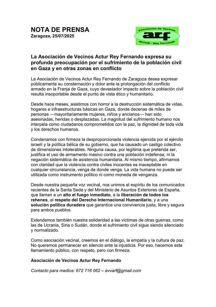 🔴 Gaza sangra
📣 La AVV Actur Rey Fernando denuncia la barbarie y alza la voz por los civiles inocentes.
❌ Ninguna causa justifica la masacre.
🕊️Paz, diálogo, derechos humanos.
📃Comunicado íntegro en imagen⬇️
#GazaUnderAttack #NoEnNuestroNombre
#StopGenocide #ZaragozaPorLaPaz